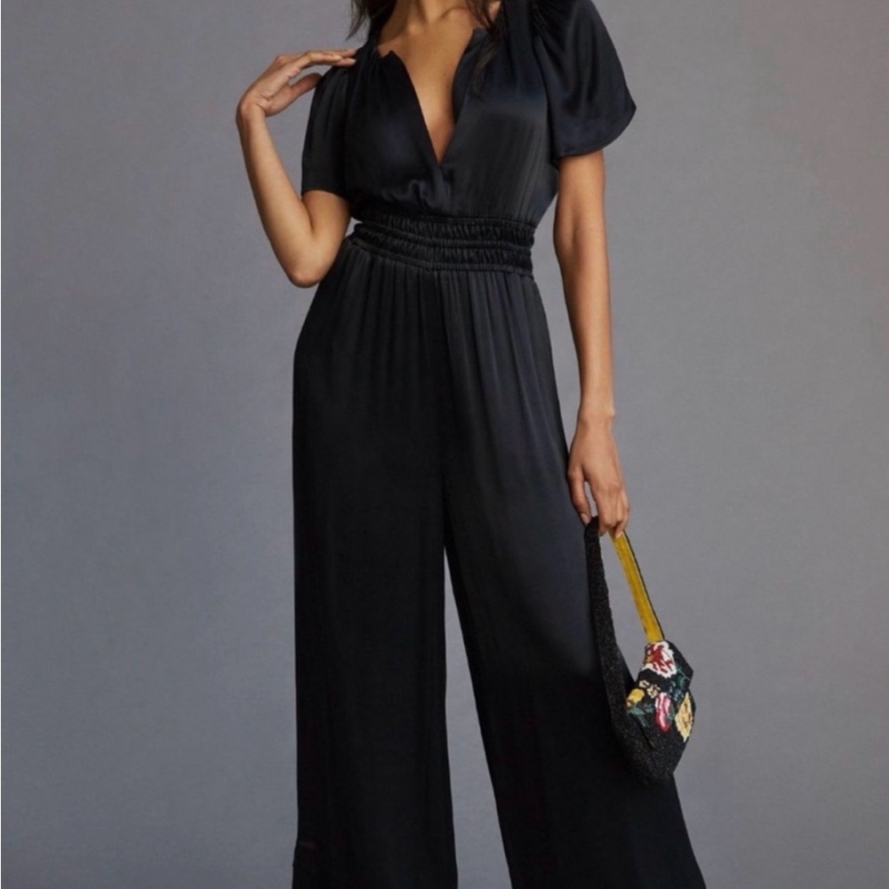 Anthropologie Black Wide-Leg Smocked-Waist Jumpsuit